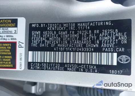 2015 Toyota Camry Se z USA, uszkodzony, nr VIN 4T1BF1FK1FU493934